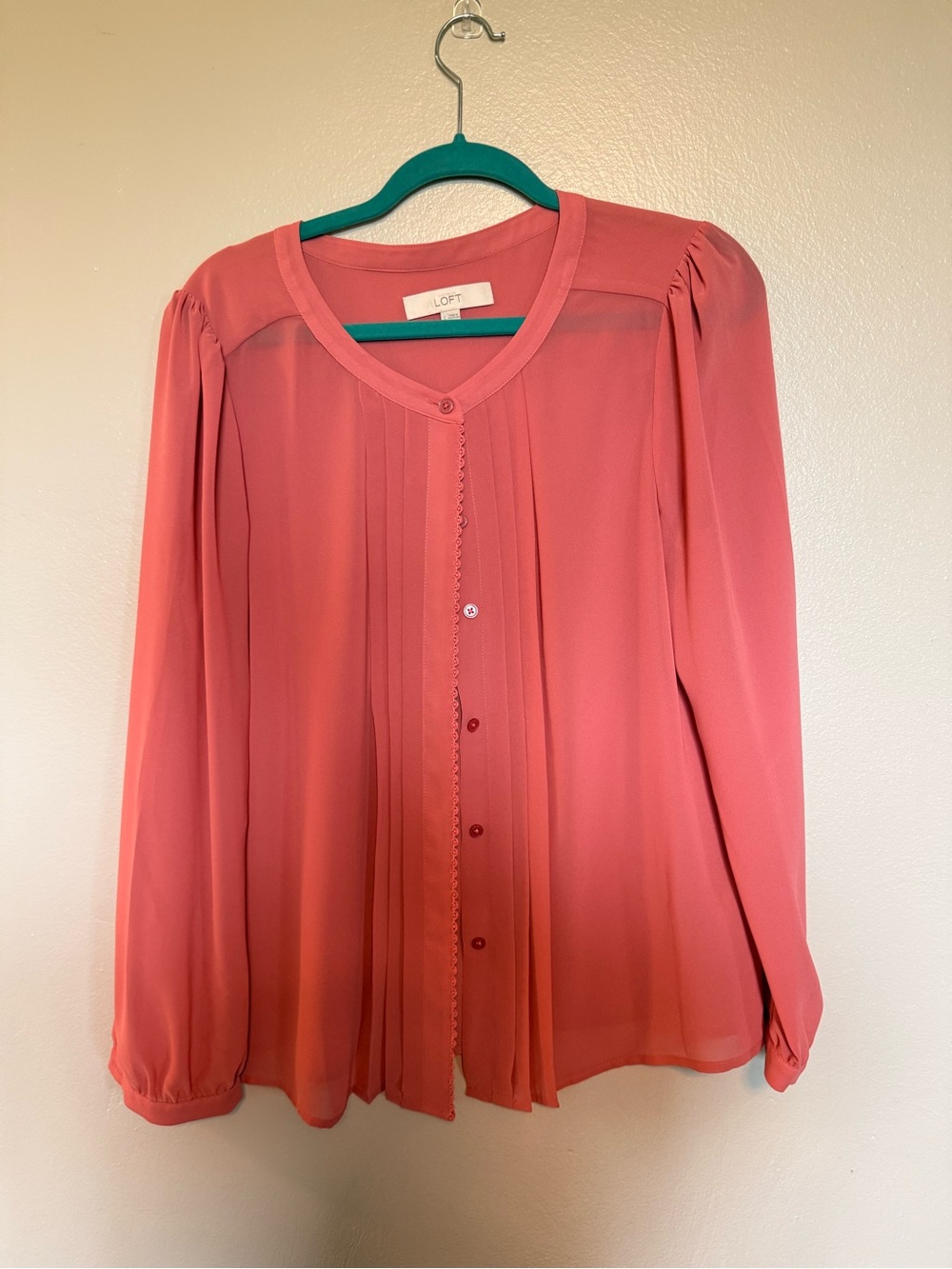 LOFT Coral Pink Pleated Button-Front Blouse